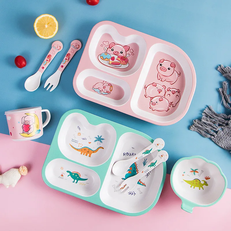 Bamboo fiber cartoon children's tableware set five-piece baby food cartoon cute plate children eating tableware bowl cup