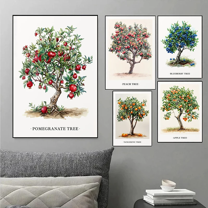 Delicious fresh fruit trees Blueberry Orange Tree Apple Tree Nature Illustration Canvas Paintings Wall Art Posters Kitchen Decor