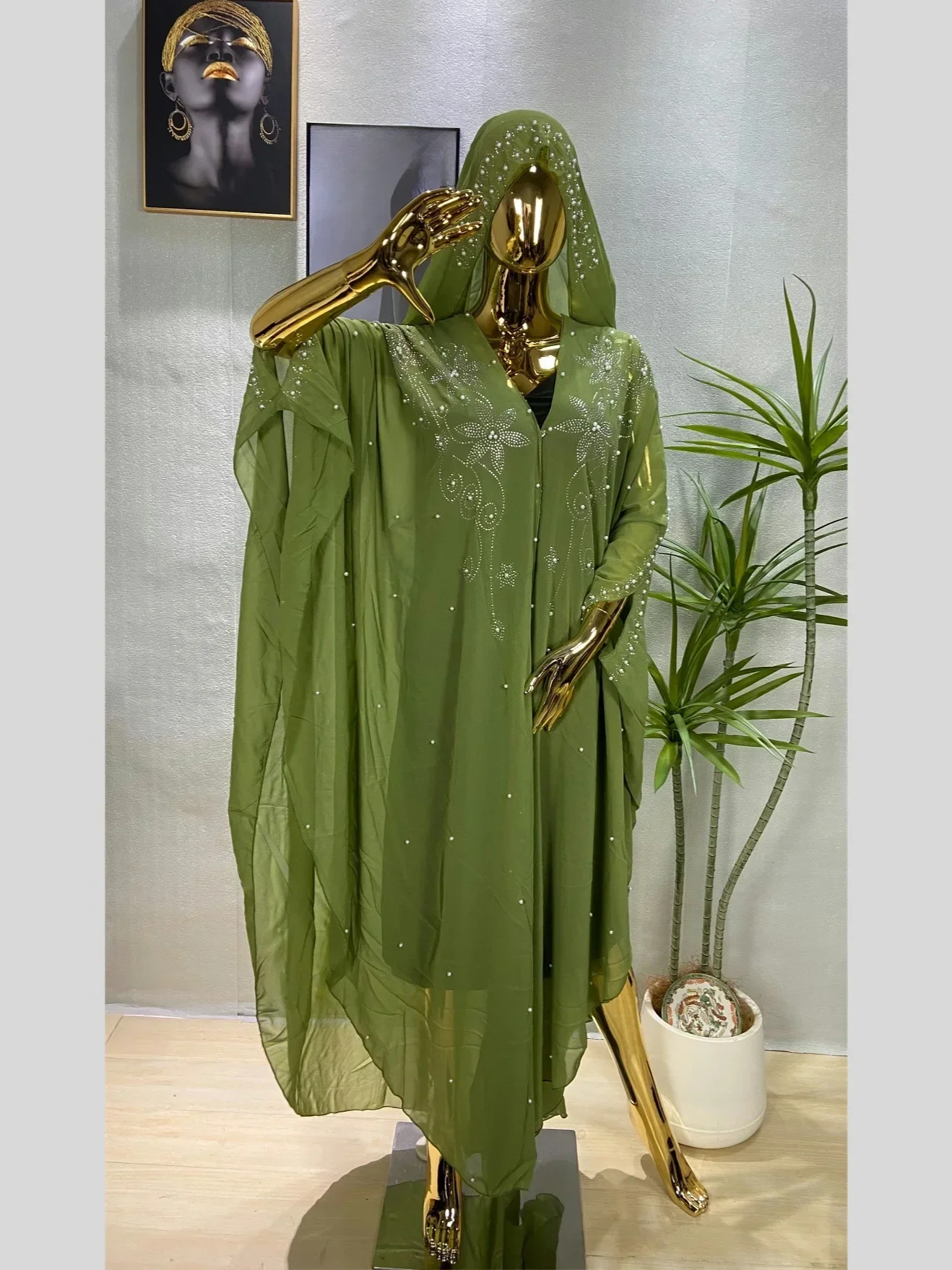 

2025 New Muslim Robes Ladies Abaya African Dresses for Women Summer Chiffon Pearl Long Maxi Dress Traditional Clothing Plus Size