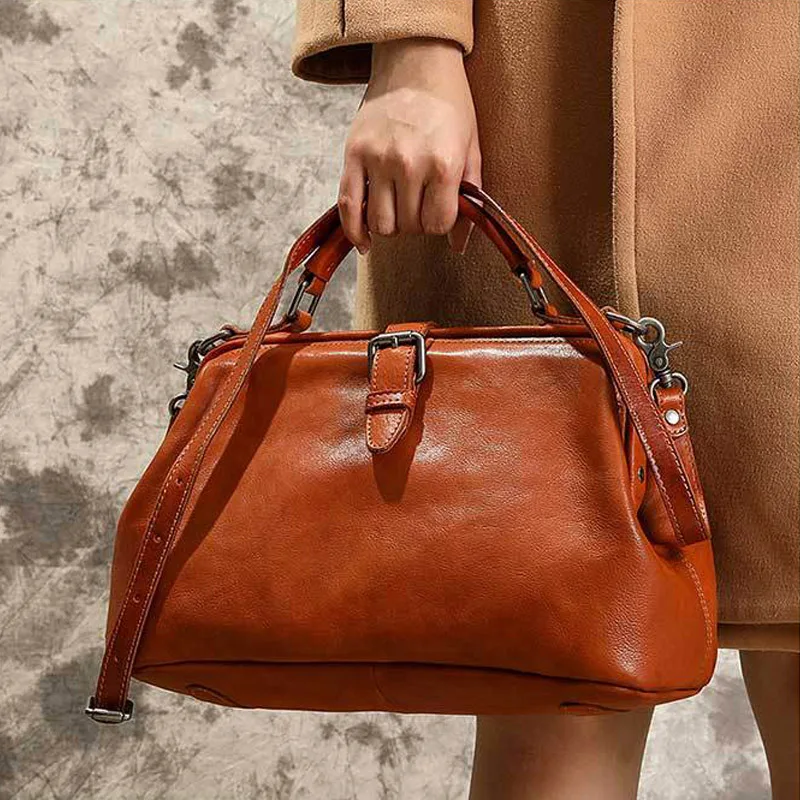 Women Vintage Vegetable Tanned Leather Doctor Bag Genuine Leather Cowhide Clip Frame Satchel Crossbody Handbag Shoulder Purse