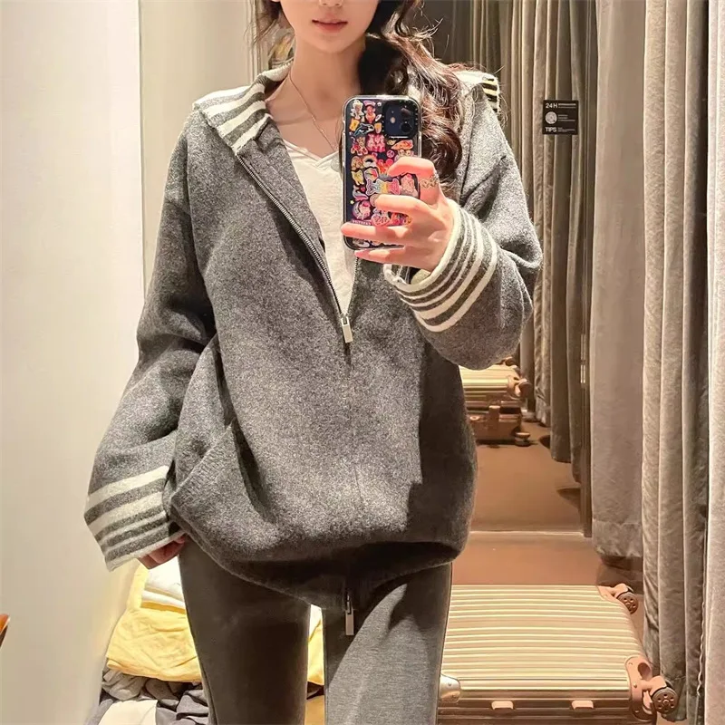 Damski kardigan w paski z kołnierzykiem marynarskim, jesień Y2K Harajuku, obszerny, dzianinowy płaszcz, elegancka kurtka z podwójnym zamkiem błyskawicznym.