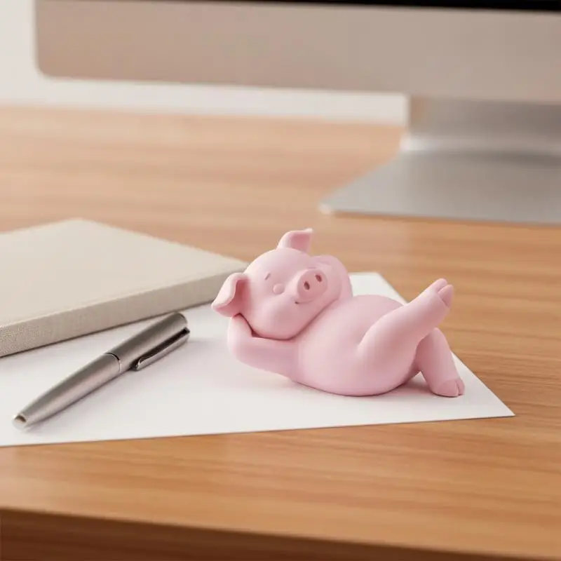 Cute Reclining Lazy Pink Pig: Figurine 3D Print Mini Relax Kawaii Desktop BookShelf