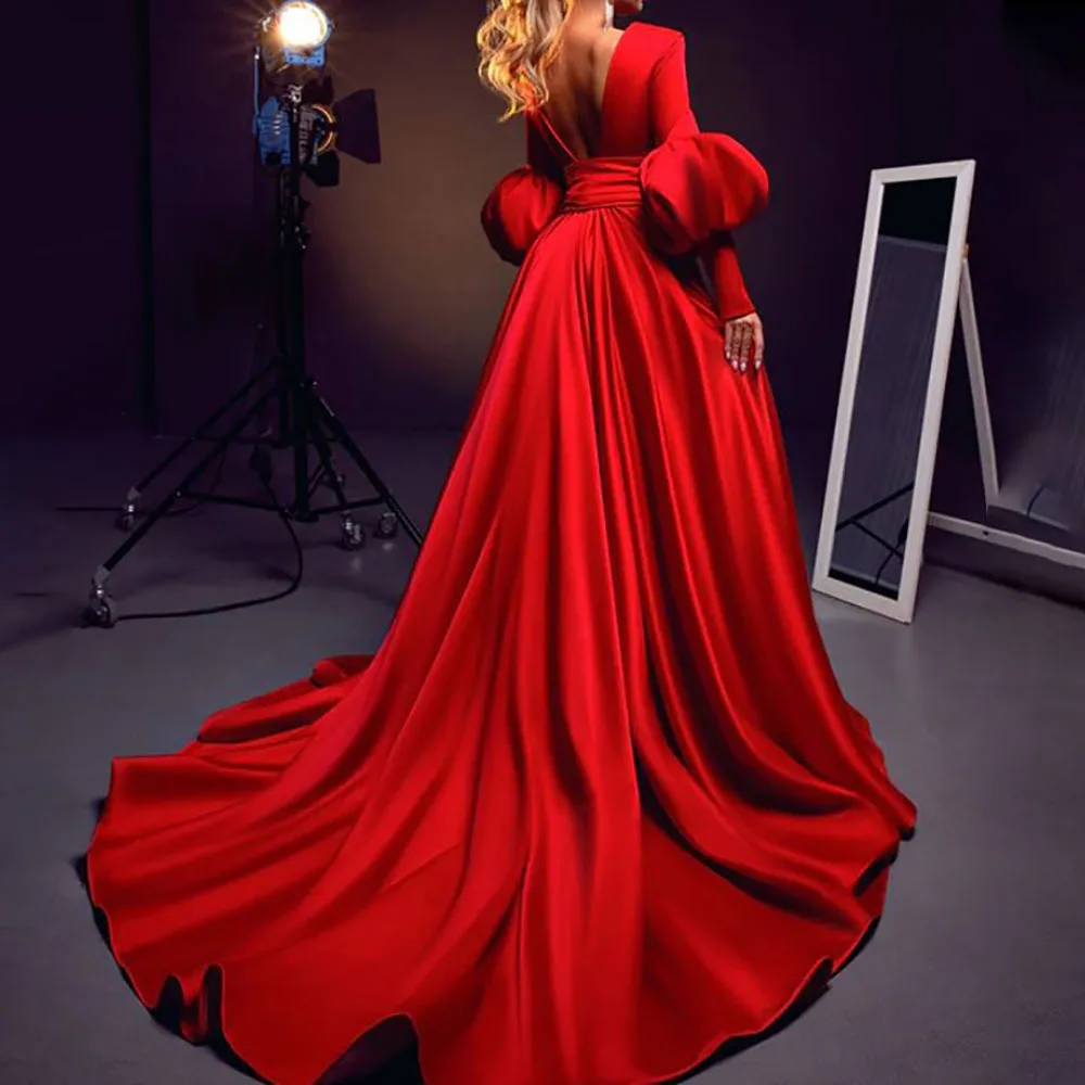 A-Line Sexy V Neck Long Sleeves Pleated Ruched Full Length Sweep Train Prom Evening Gown Robe de Soirée