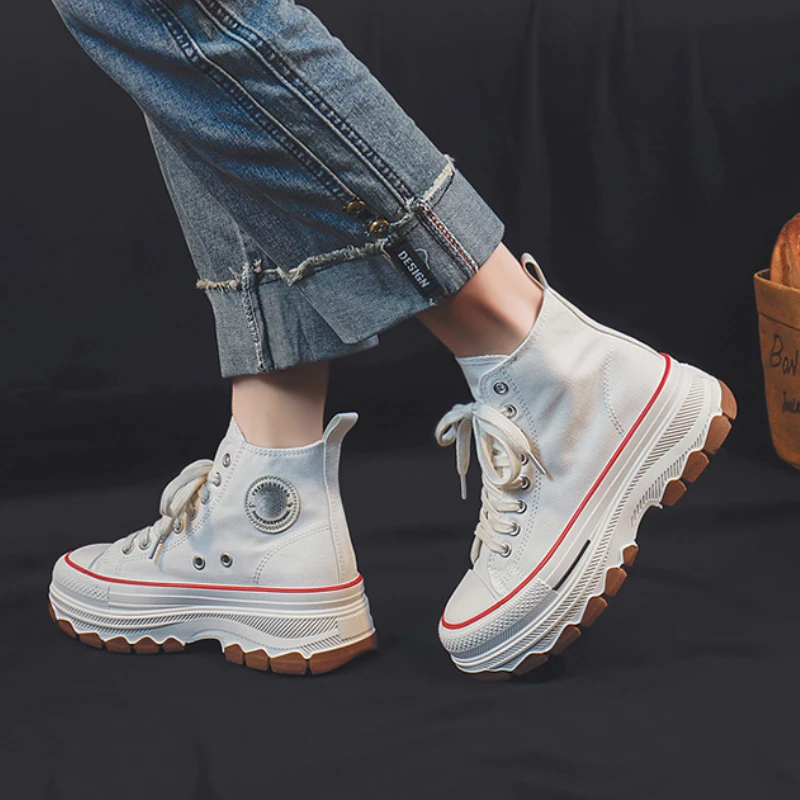 Modne wysokie buty płócienne dla kobiet 2024 nowe gruba podeszwa podwyższające Retro prosta Casual buty wulkanizowane Zapatos De Mujer