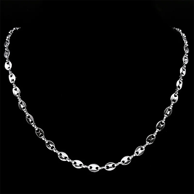 Hip Hop Coffee Bean Chain Necklace for Men Women Stainless Steel Gold Silver Color Pig Nose Shape Link Punk Choker Jewelry Gift