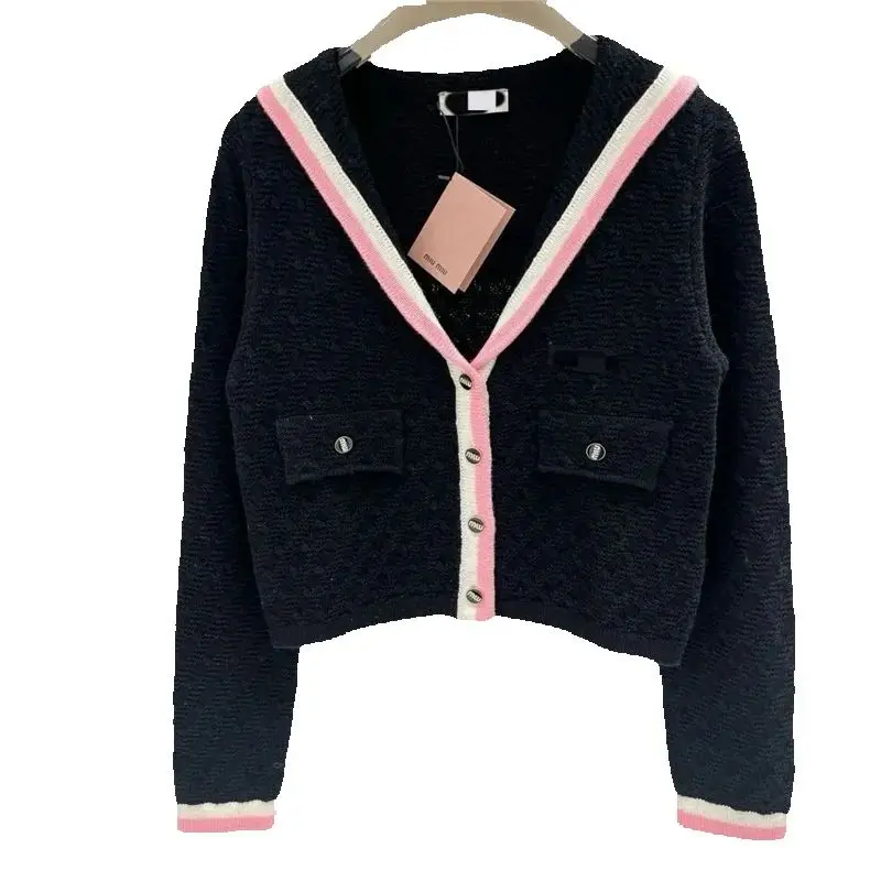 Autumn Winter Women's Sweater Knitwear 2024 New Fashion Loose Casual Tops Cardigan Navy Collar V-Neck Pink Outerwear Female