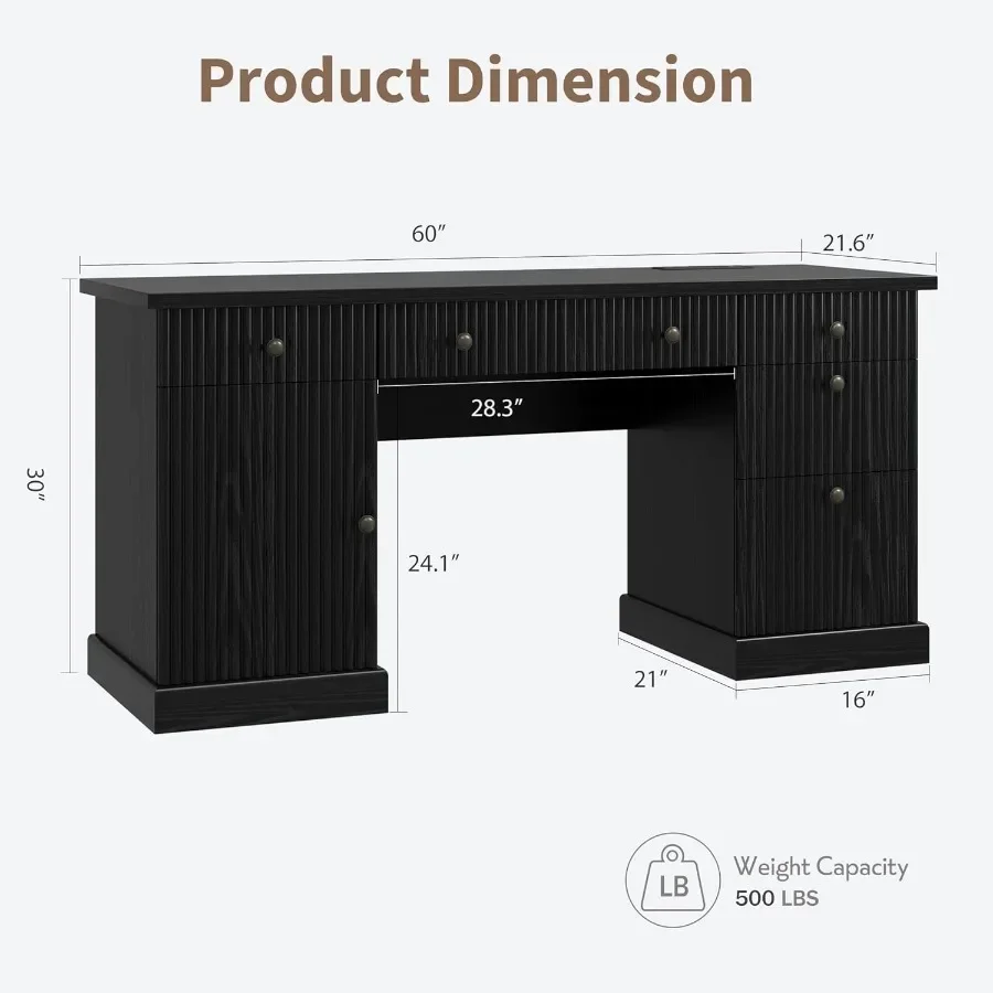 Fluted Home Office Desk, 60 Modern Executive Desk with Charging Station, Wooden Computer Writing Desk with File Cabinet Drawers