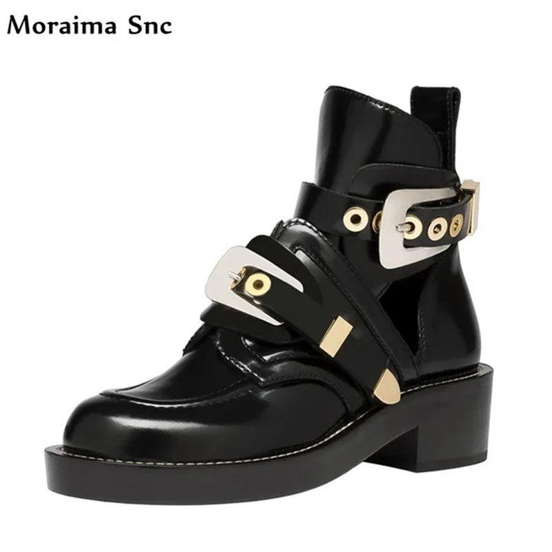 

Moraima Snc Riding boots metal Decoration fretwork square heel platform leather buckle Bling Round toe solid med-heel
