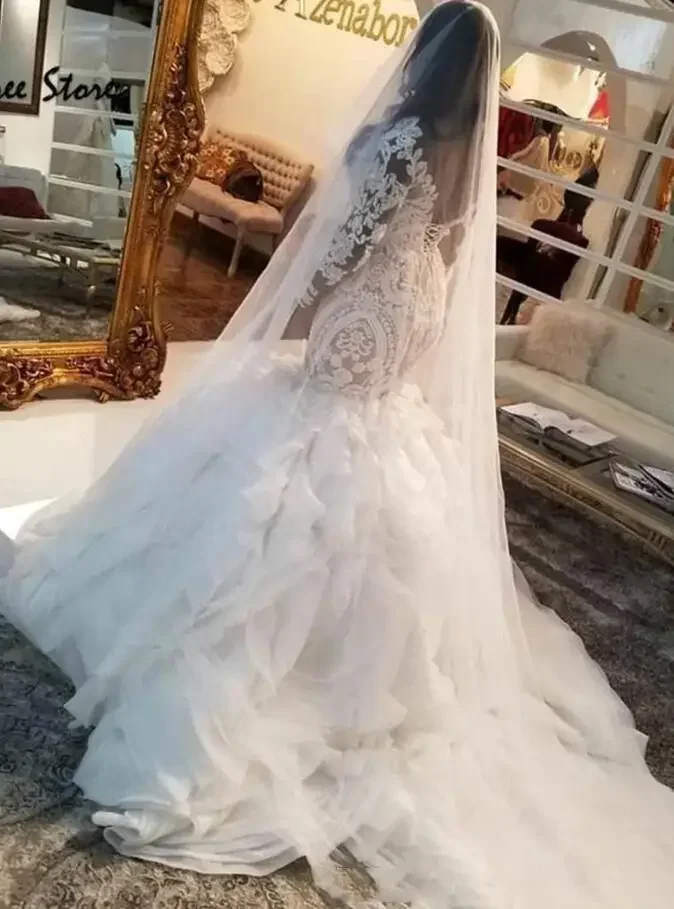 Personalizado sereia rendas vestidos de casamento africano dubai plus size vestidos de noiva ilusão mangas compridas tribunal trem robe de casamento