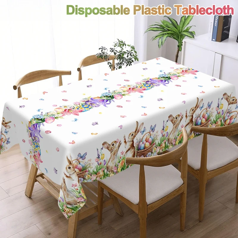 Easter Bunny Eggs Tablecloth Spring Floral Butterflies Table Cover for Home Kitchen Dining Table Easter Decorations Table Cloth