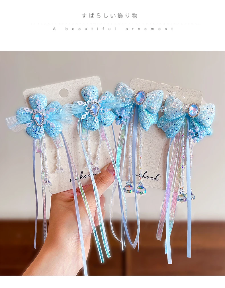 2er-Set Prinzessinnen-Haarspangen für Kleinkinder, Glitzer-Schneeflocken-Quasten-Strass-Haarspangen, schmerzfreie Haarspangen für Kindergeburtstage – Detail 4