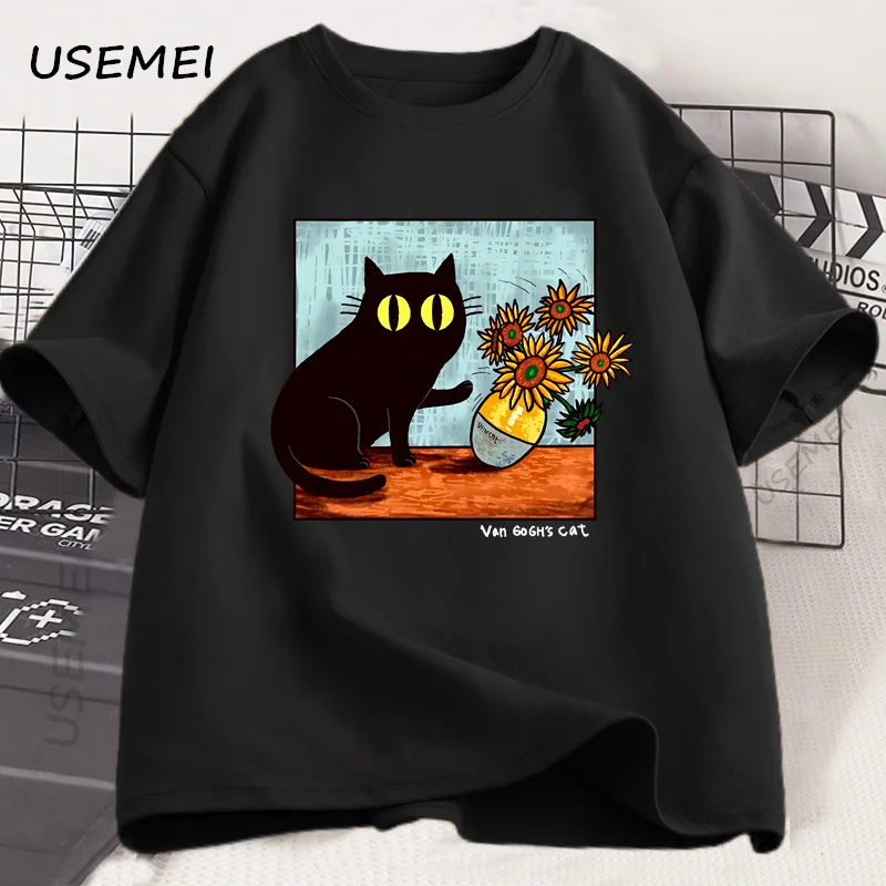 Van Gogh Cat Graphic T Shirts Men Women Flower Black Cat T-shirt Round Neck Cotton Short Sleeve Trendy Tee Shirt Streetwear image 3