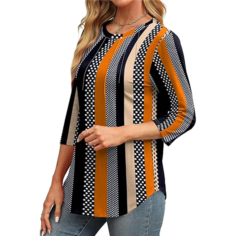 

AG-3/4 Length Sleeve Womens Tops Round Neck Casual Tunic Tops Basic Pleated Shirts Loose Fit 2025