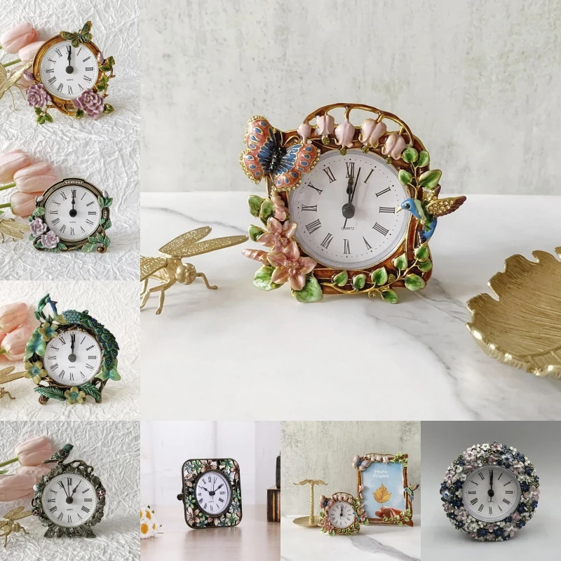 1 Stück dekorative Mini-Tischuhr im Vintage-Stil, geräuschlos, kleine Tischuhr mit Regal, Schlafzimmer, Nachttisch, Schreibtisch, Geschenkuhr, Blumen