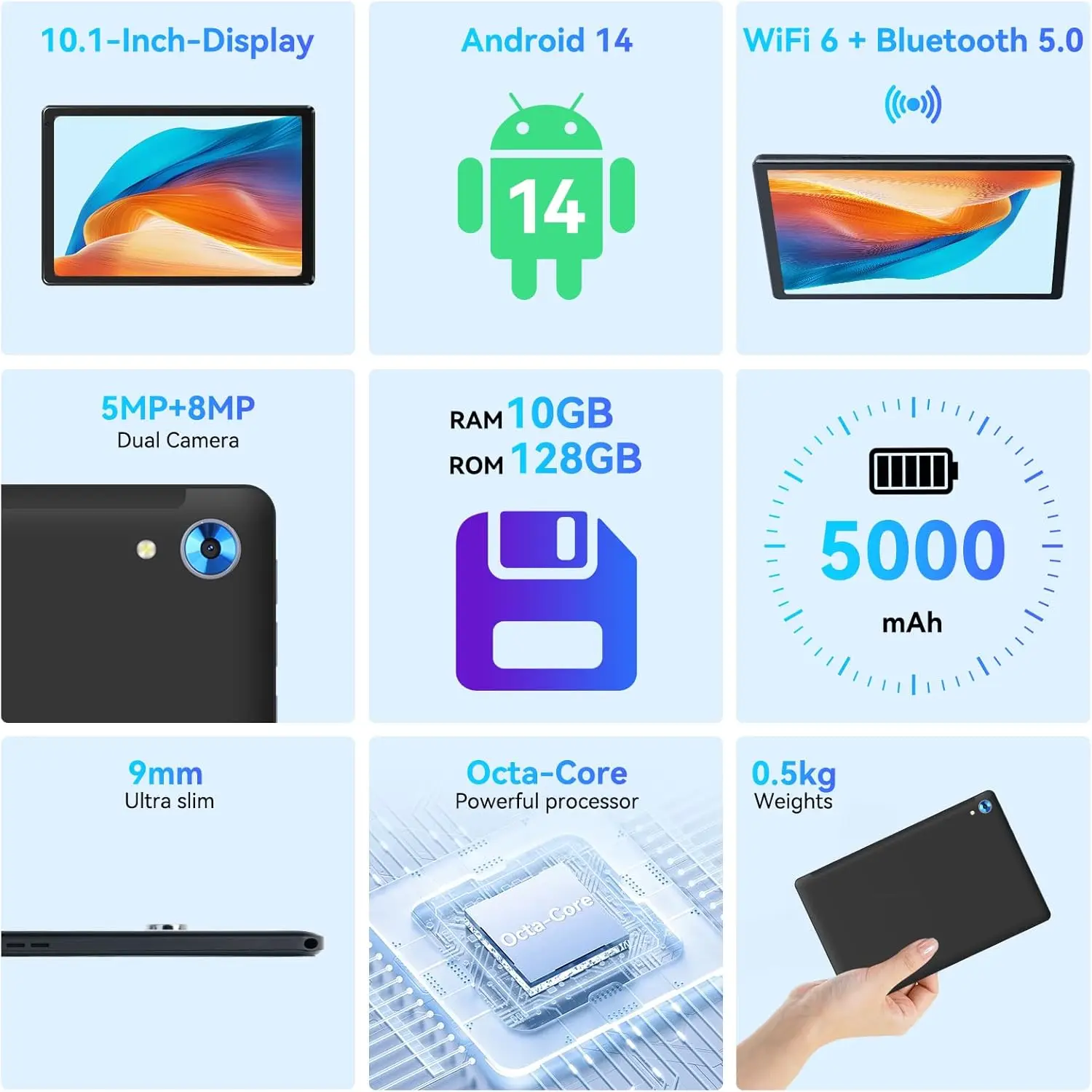 URAO C107 Tablet da 10 pollici Tablet Android 14 10 GB RAM 128 GB ROM 1 TB Espandi Processore Octa-Core Widevine L1 Doppia fotocamera BT WiFi FM