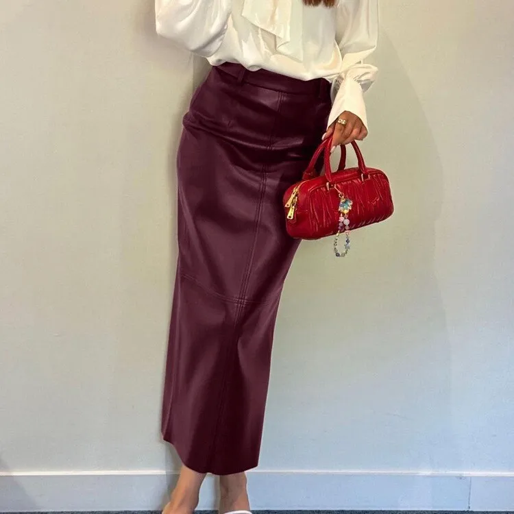 Long PU Leather Skirt Wine Red Wrap around /Midi Skirt Cross-Border New Style Women's Fashion Spring Autumn Season