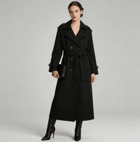 Casaco Feminino de Cor Sólida com Efeito Suede, Dupla Abotoadura e Cintura Ajustável