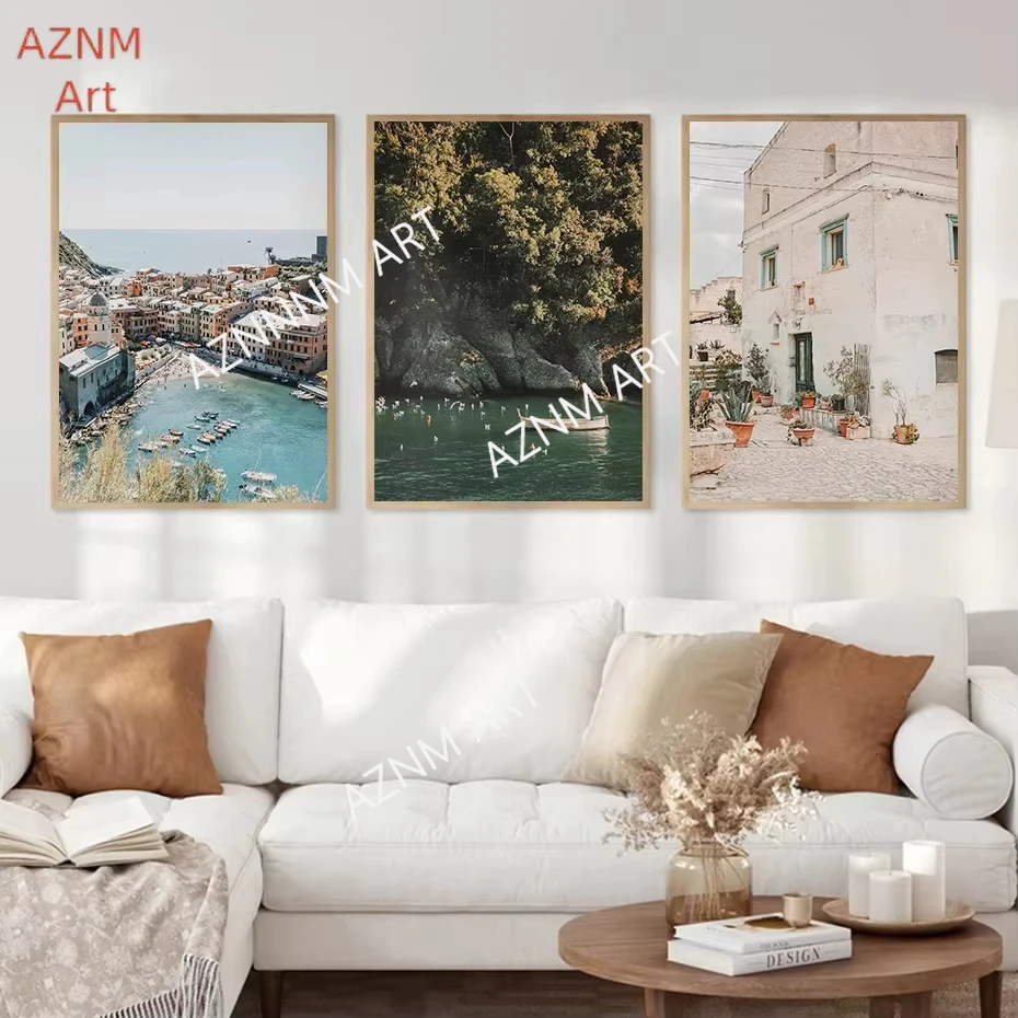 Italian Village Amalfi Coast Photography Poster Rattan Beach Umbrella Boat Positano Canvas Painting Print Living Room Home Decor