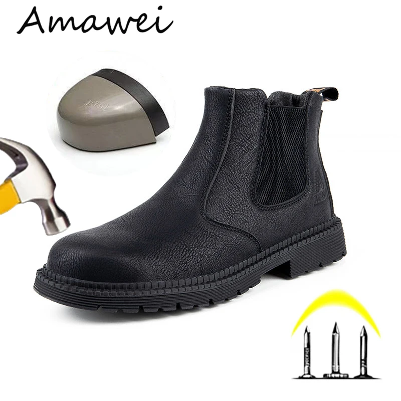 Men Boots Leather Shoes Men Work Safety Shoes Men Indestructible Work Boots Men Safety Boots Steel Toe Shoes Chelsea Boots