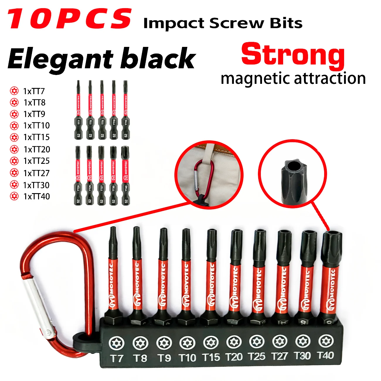 Juego de 10 piezas de puntas de impacto antimanipulación en forma de estrella Tt7-Tt40, puntas Torx magnéticas de seguridad de 50 mm, puntas de taladro para destornillador eléctrico de acero S2 con soporte de almacenamiento colgante