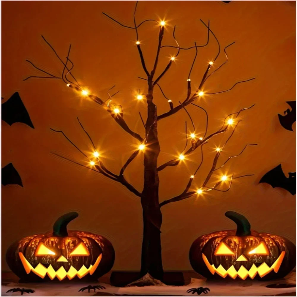 60CM Orange Purple Halloween Adjustable Birch Tree 24 LED Light Battery Operated Table Lamp Indoor Home Party Halloween Decor