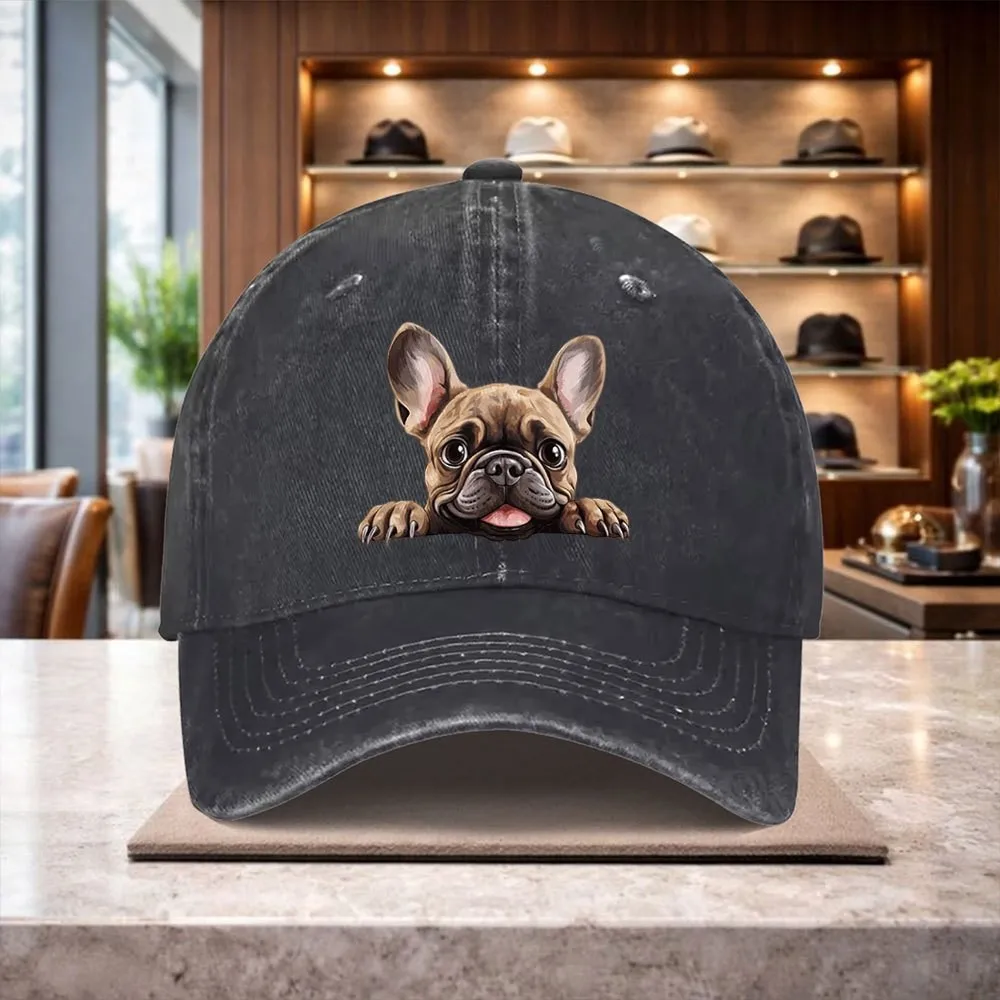 Baseballkappe mit Aufdruck „Französische Bulldogge“ aus gewaschenem Denim, verstellbar, lässig, für den Außenbereich, trendige Mütze