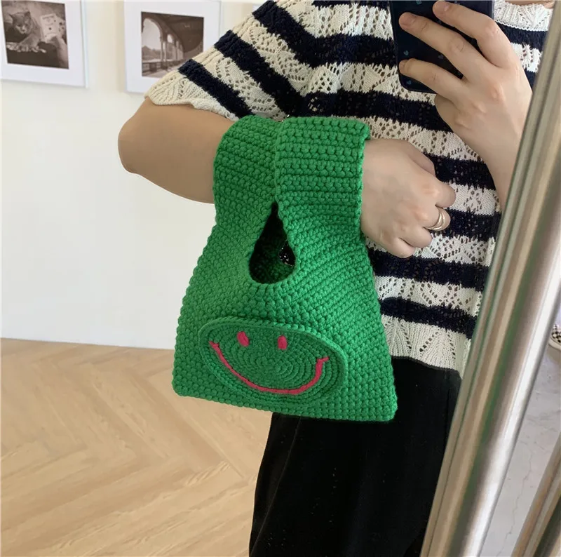 Hit Color Small Fresh and Cute Smiley Knitted Casual Purse Children\'s Clothing Daily Leisure Bucket Handle Tote Bag Vintage