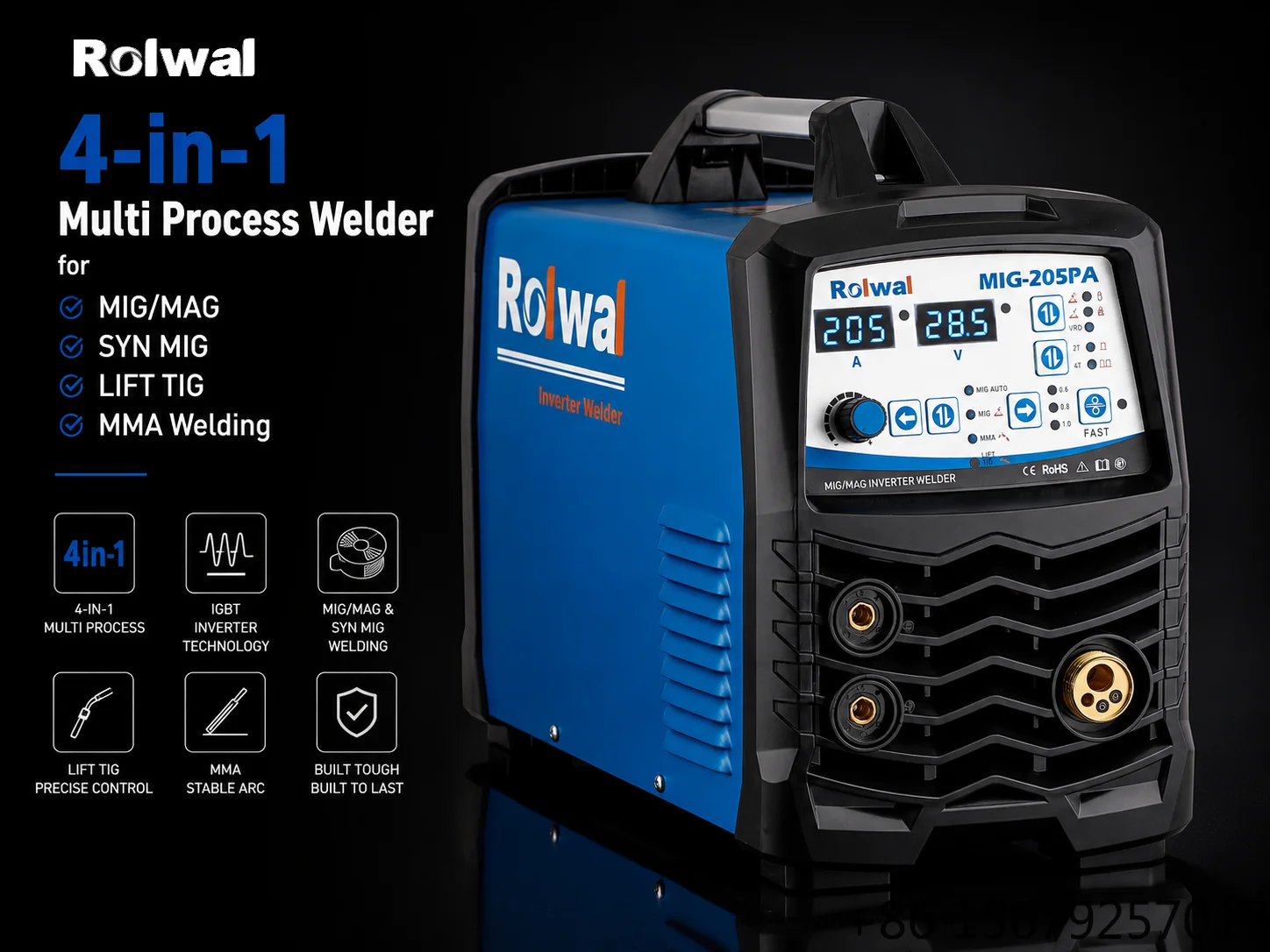 Rolwal Synergic Gas/Gasless 4-in-1 Combo MIG/MAG/MMA/LIFT TIG Welding Machine Portable New Condition with 2T/4T Switch