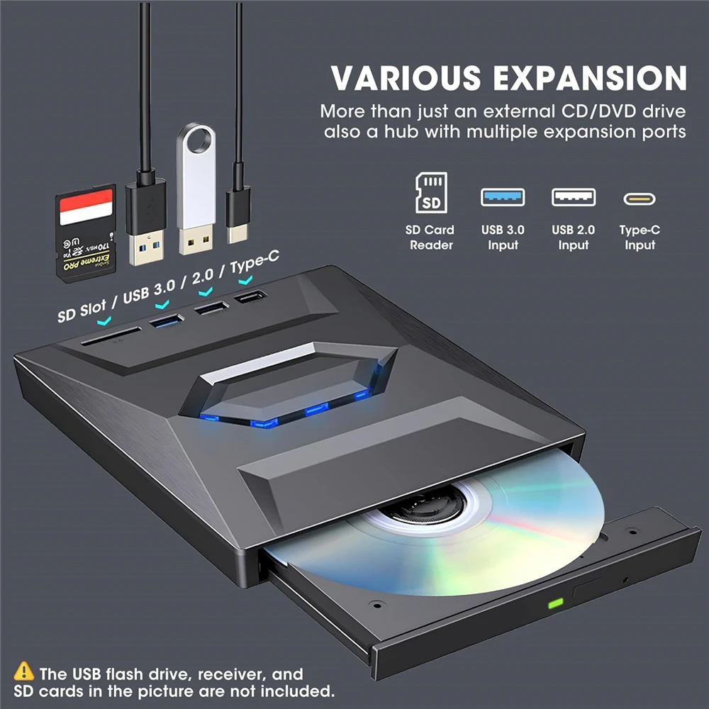 USB 3.0 Type C External CD DVD Drive with USB HUB Type-C SD Card Reader, CD DVD RW ROM Disk Player Burner Reader Writer Adapter