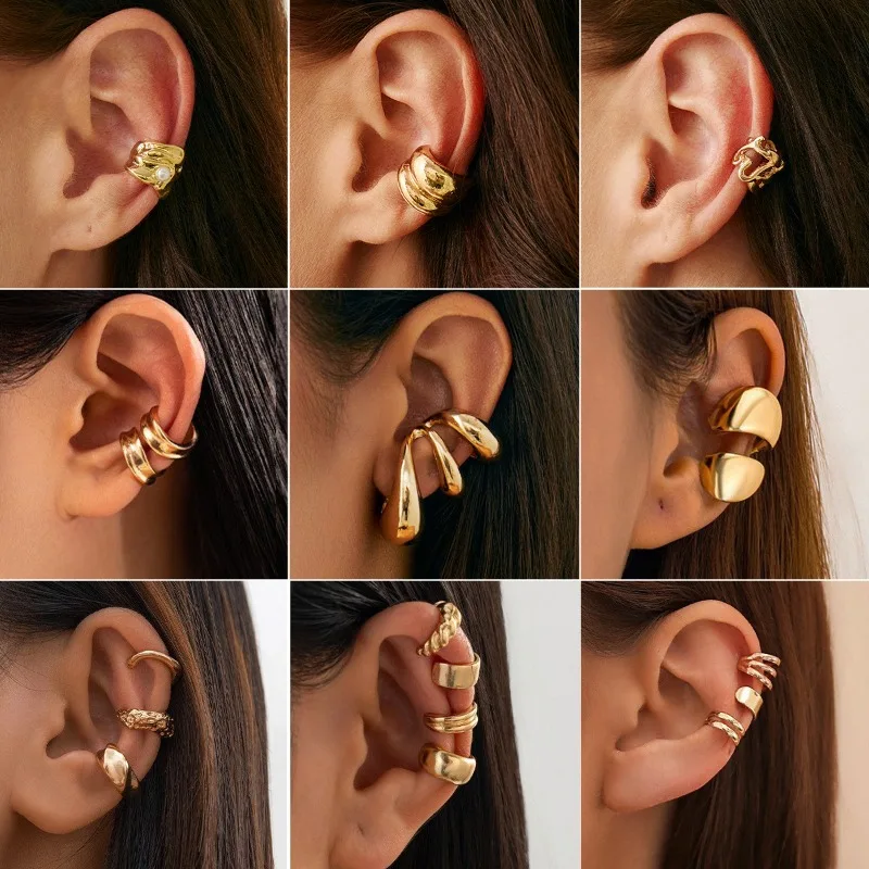 Personality Design Metal Water Drop Clips Earrings for Women Gold Color Geometry Folds Cuff Earrings Fake Clip Earrings Jewelry