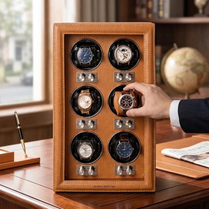 6 Slots Automatic Watch Winder with Ultra Quiet Motor Anti-Magnetic PU Leather Case Independent Control LED Light for Mechanical
