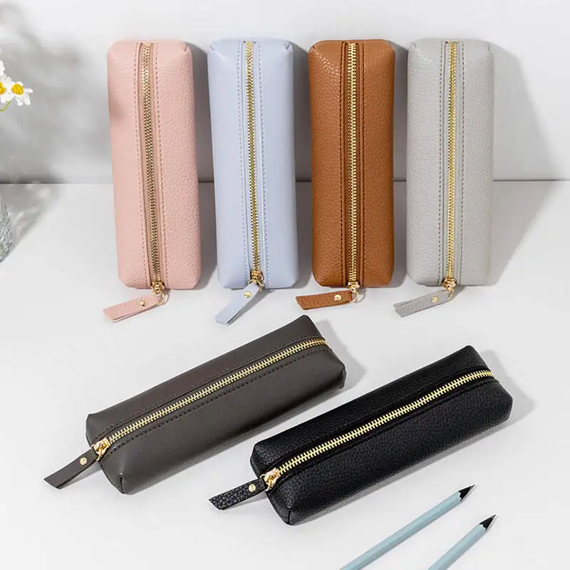 Fresh And Simple Lychee-Patterned Case, Large-Capacity Zippered PU Leather Stationery Storage Bag, Universal Pencil Box For