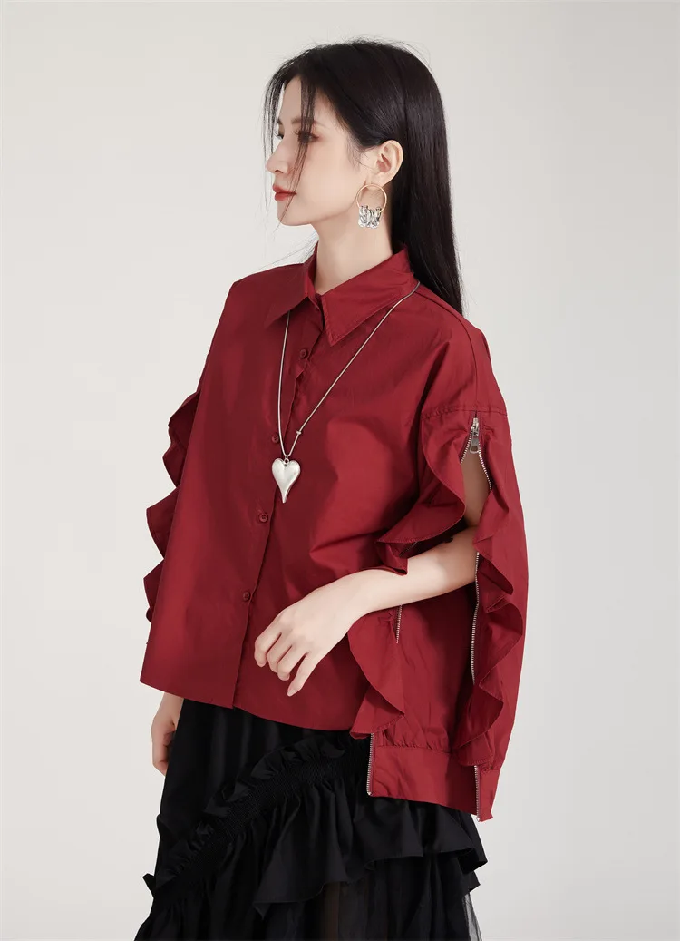 Chemise en coton rouge Angora, chemisiers à manches longues en feuille de Lotus de haute qualité pour femmes, chemise ample d'épissure de Niche pour femmes