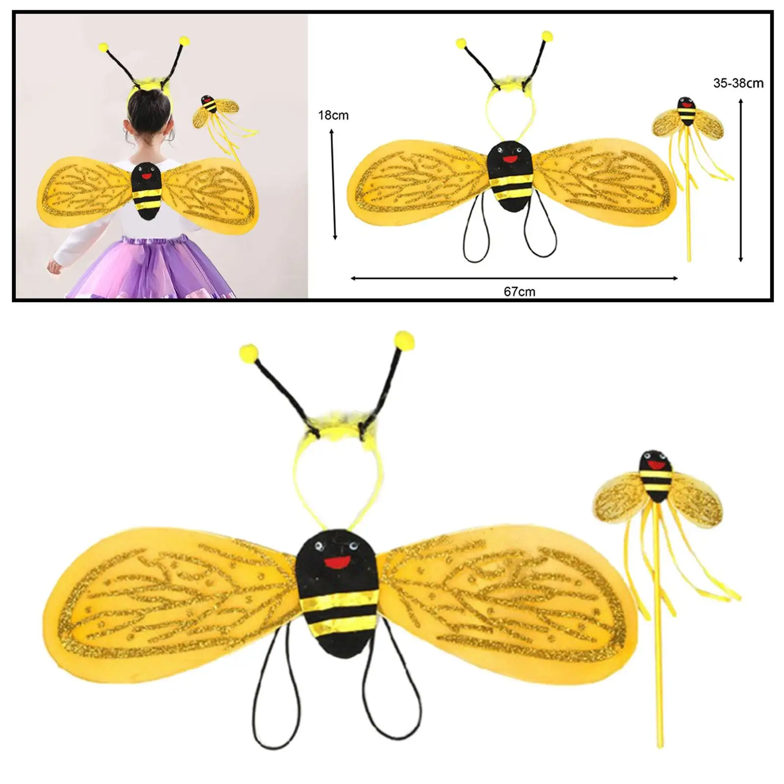 Kids Honey Bee Costume Girls Toddlers Bee Wing Headband Bee Dress up Child for Festive Role Playing Animal Themed Party Supplies