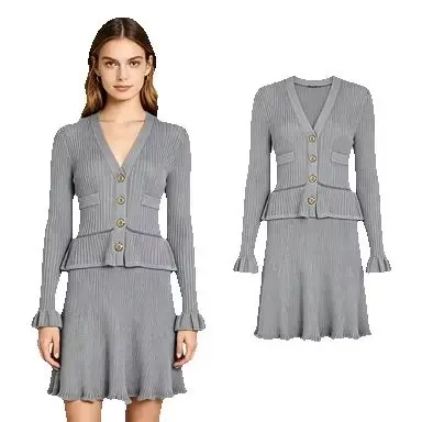 25271 High quality Spring and Autumn Fashion Style Bright Silk Slimming V-neck Long sleeved Elastic Knitted Women's Dress