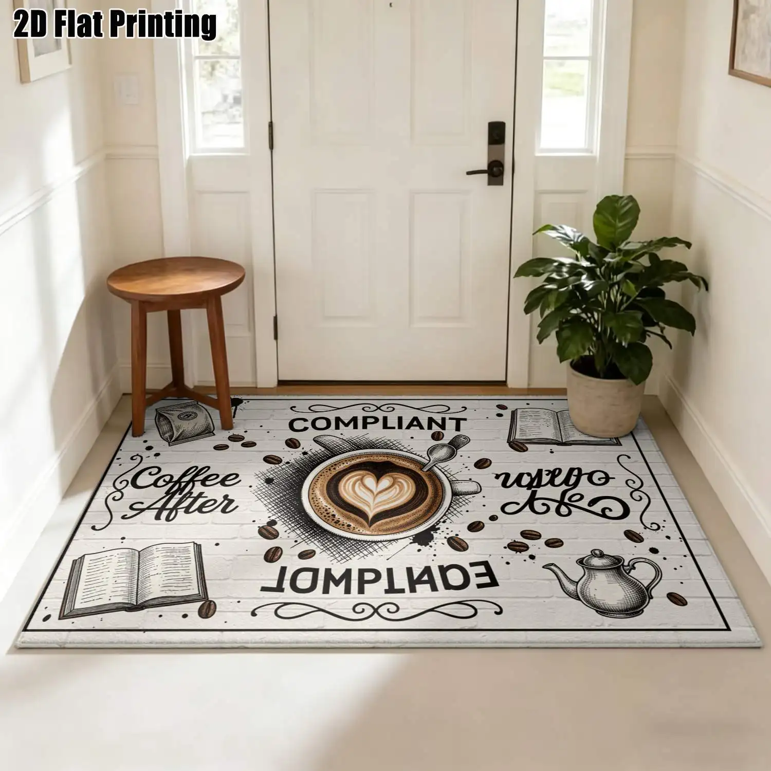 1Pc 2D Printed Retro Coffee Cup Letter Pattern Carpet, European/Modern Minimalist/Instagram Style, Geometric Striped Floor Mat, Home Decor, Multi-Size, Machine Washable For Restaurants, Entrances, Study Rooms, Living Rooms, Bedrooms.