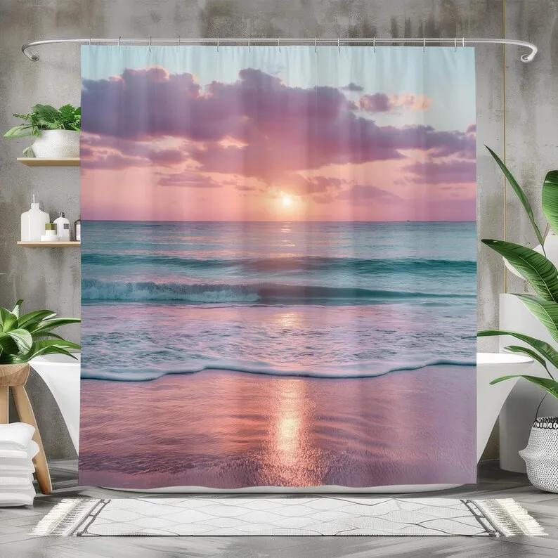 Pastel Beach Sunset Shower Curtain Ocean Gradient Bathroom Decor Serene Coastal Horizon Art Soothing Watercolor Sea Gift
