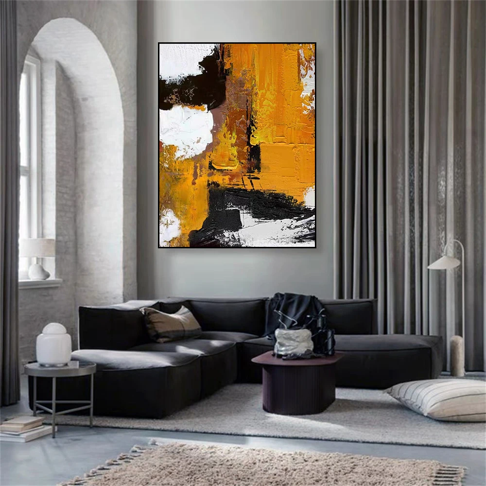 

100% Hand Drawn Abstract Oil Painting, Black And White Orange Stereoscopic Hanging Painting Background, Home Living Room Decor