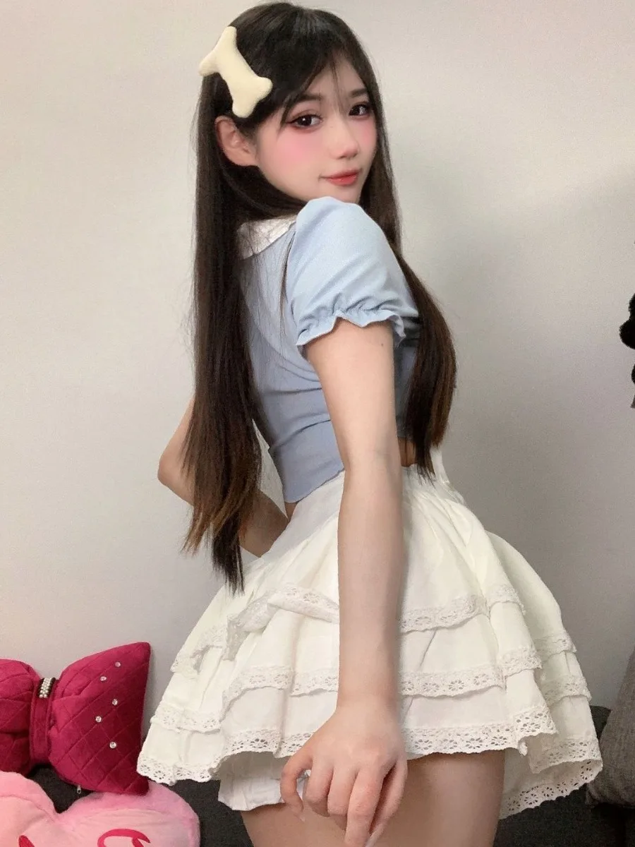 Academy Style Sweet Slim Shirt Top Summer High Waist Cake Dress Elegant Uniform For Women Kroean Sweet Women Tops ML76