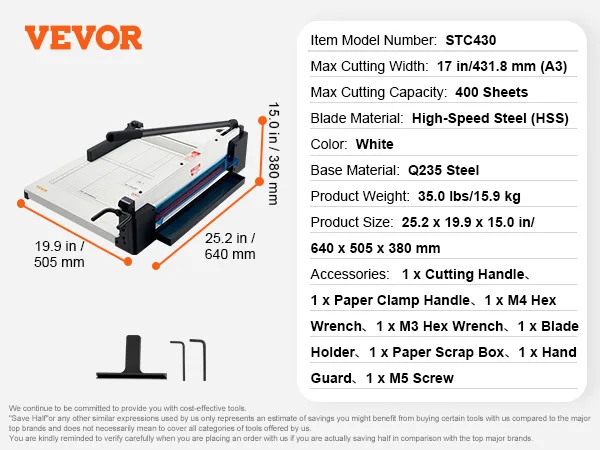 VEVOR 12 "/17'' industriële commerciële papiersnijder 400 vel capaciteit massief stalen constructiestapel voor kantoor thuis schoolwinkel