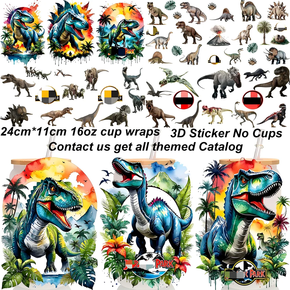 Dino World Themed 3D Sticker UV DTF 16oz Cup Warps Dinosaur Park Collection UV DTF Coffee Can Wraps For Libbey Glass Wraps