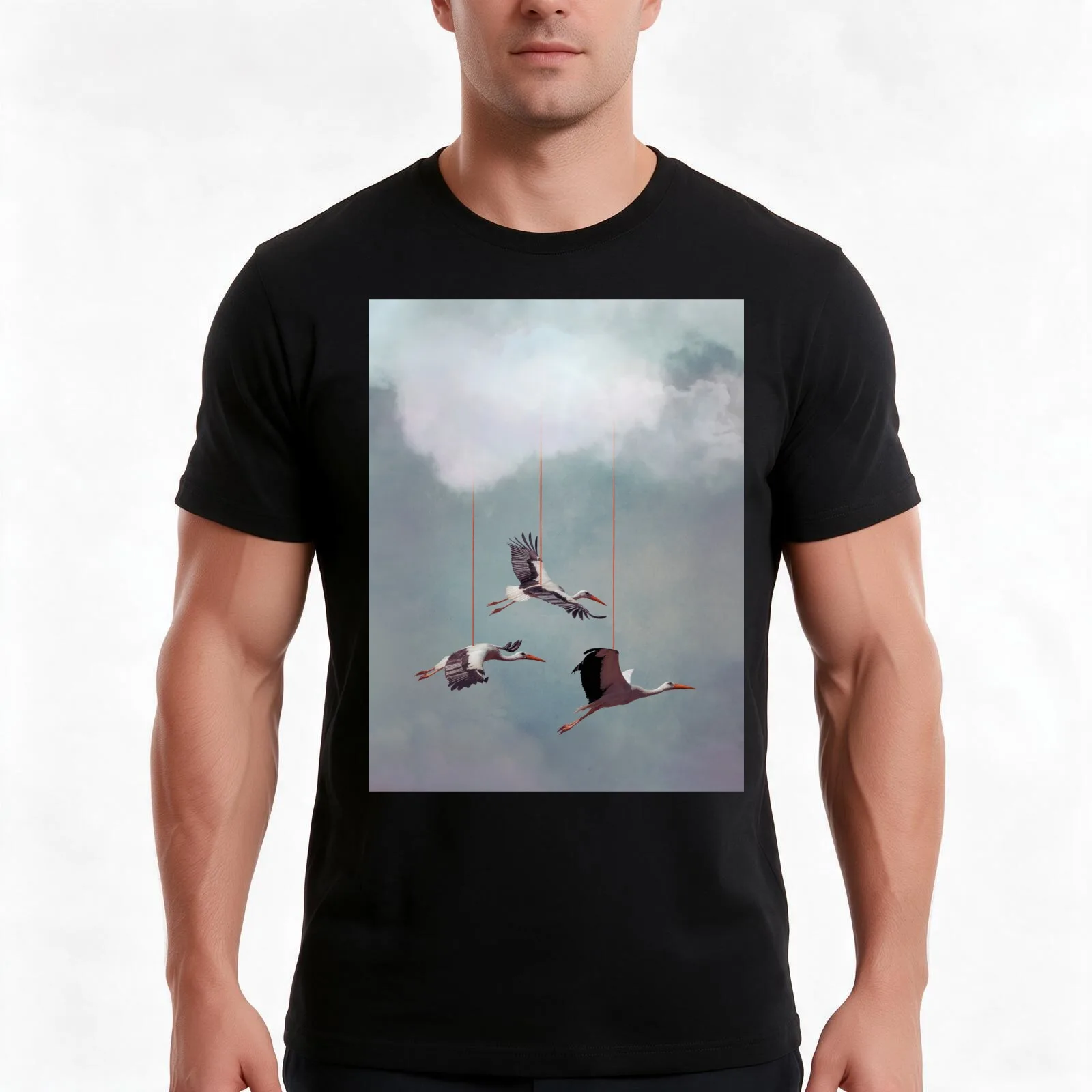 Suspend Belief' - White Storks hanging from Clouds T-Shirt Summer Casual Cotton Tee Oversized Streetwear Tops 100% Cotton
