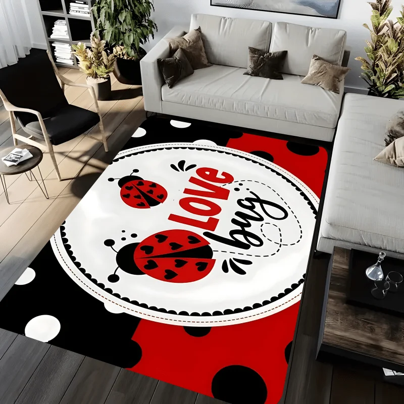 Love Bug Ladybird Flannel Rug, Cute Heart Beetle Floor Mat, Valentine's Day Soft Carpet。