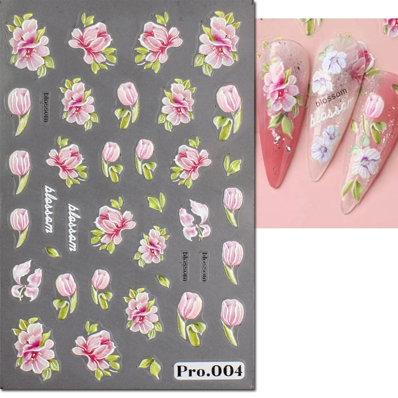 5d Emboss Nail Art Stickers Pink Purple Blooming Tulips Flowers Adhesive Sliders Nail Decals For Manicure Tips Accessories