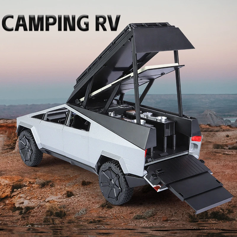 

Diecast Tesla Camping RV Car Model 1/24 Scale Children Car Toy Gift With Sound And Light Collective Voiture Miniature Home Decor