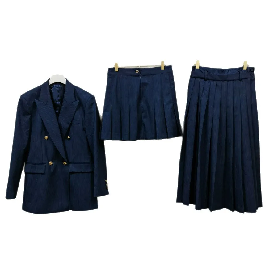 【presente grátis】2025 outono inverno nicho francês listrado blazer duplo breasted estilo plissado saia midi de cintura alta para mulher