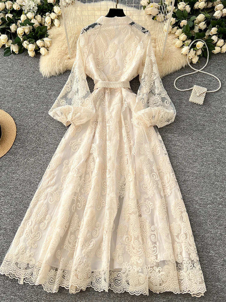 봄 여름 유럽 미국 스탠드 칼라 싱글 브레스트 레이스 드레스 여성 우아한 자수 대형 스윙 롱 드레스 C205