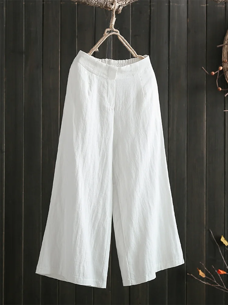 Pantalones de pierna ancha de lino de algodón para mujer, sueltos, talla grande, cintura elástica, color retro, bordado, drapeado, lino informal, nueve puntos...