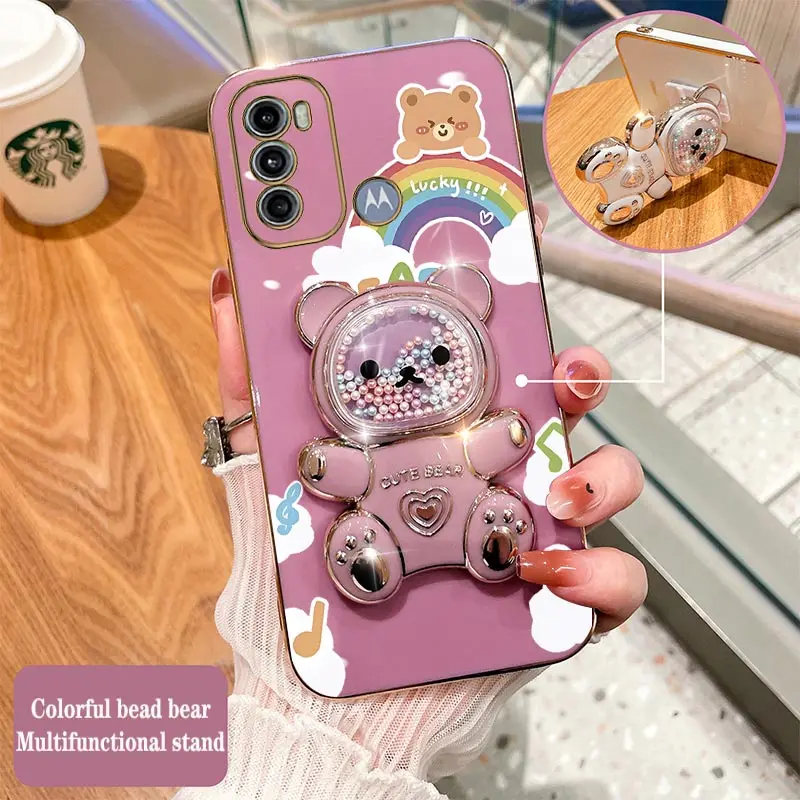 G60 G60S Happy Raccoon Holder Plating Phone Case For Motorola Moto G60 G40F G84 G52 G54 G50 G62 G60S G82 G42 G73 G72 Cover