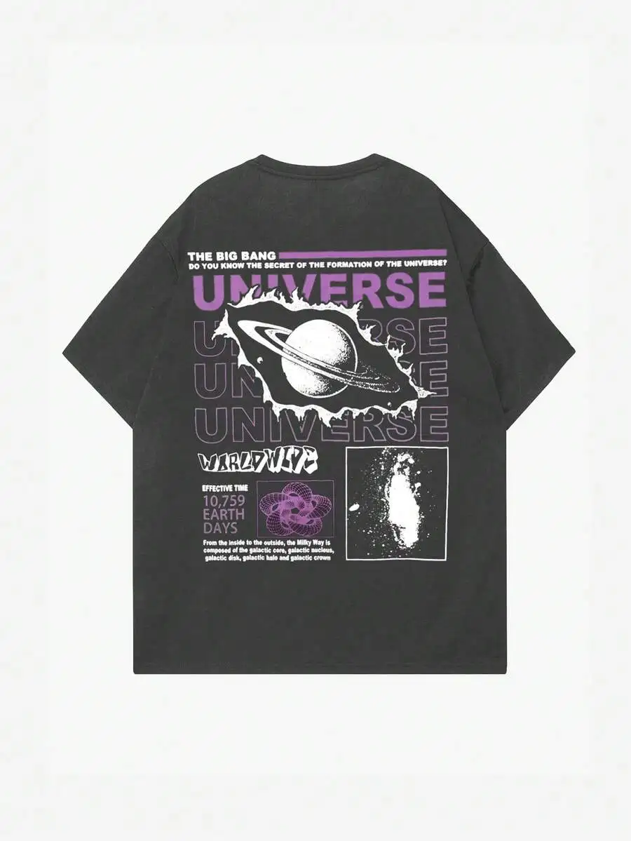 ROMWE MEN Street Life Spring/Summer Casual Graphic Men Cotton Planet & Slogan Graphic Tee